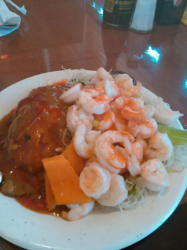 Egg Foo Young Shrimps and Thin Noodle Stir Fry